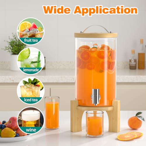 VOVUVK 1.2 Gallon Glass Drink Dispenser For Parties, beverage dispenser with Bamboo wood stand And Stainless Steel Spigot,...