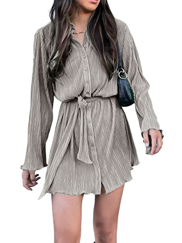 LYANER Women's Collar V Neck Button Down Pleated Long Sleeve Mini Shirt Dress with Belt