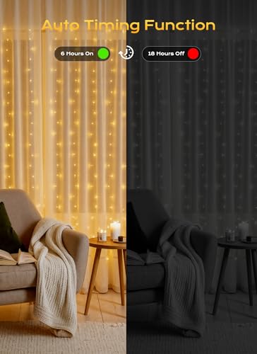 Brightown 300 LED Curtain String Lights, 9.8 FT Hanging Fairy Lights with Remote, 8 Modes, Waterproof Window Lights for Be...