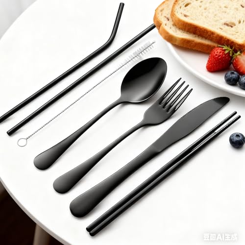 Camping Utensil Set for Men, 7-Piece Portable Silverware with Compact Case, Black Stainless Steel Travel Cutlery, Lunch Bo...