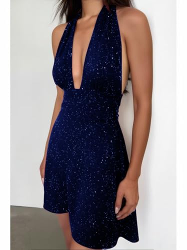 Sexy Deep V Neck Halter Glitter Bodycon Dress – Sparkling Sleeveless Cocktail Party Dress Backless Women's Evening Clubwear