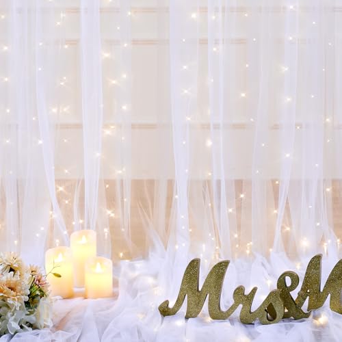 10ft x 10ft White Tulle Backdrop Curtain with Lights String for Parties Wedding Bridal Shower Sheer White Curtain Backdrop...