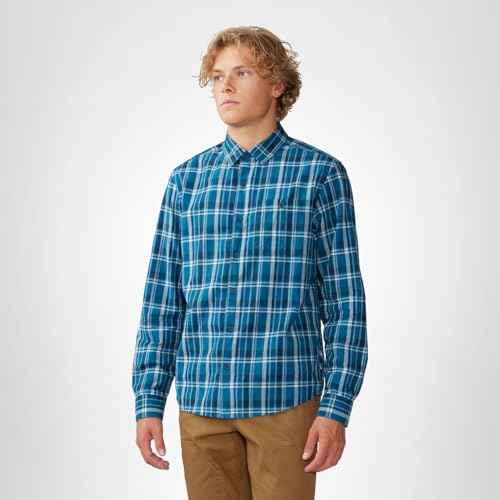 Mountain Hardwear Men's Big Cottonwood Long Sleeve Shirt, Dark Caspian Trailhead Plaid, X-Large