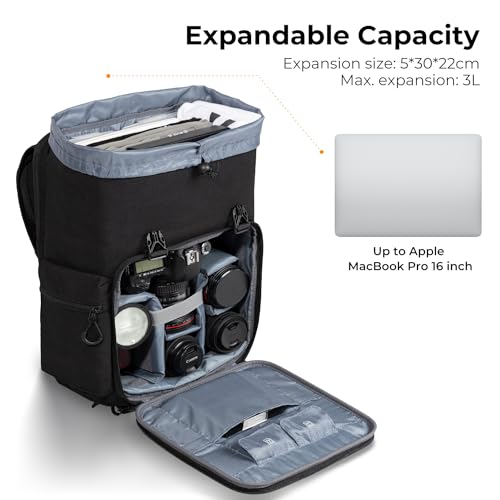 K&F CONCEPT Camera Backpack, Hard Shell Camera Bag, Large Capacity Photography Backpack with 15.6" Laptop Compartment & Tr...