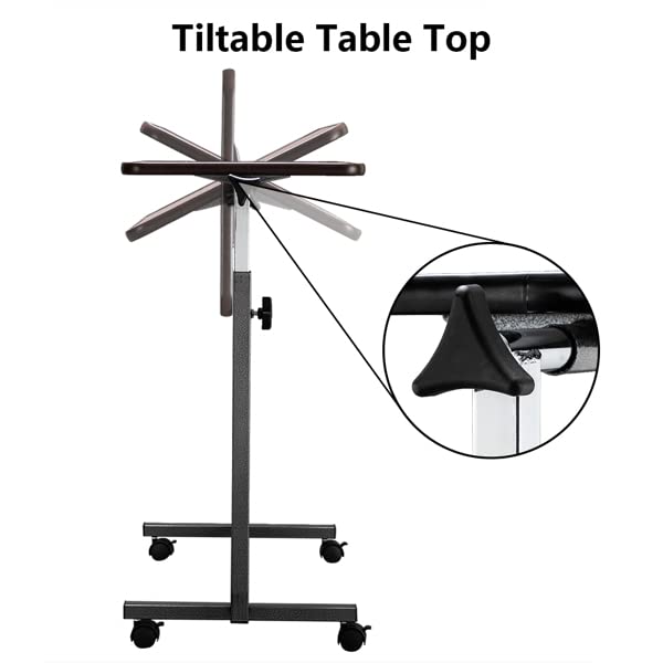 Overbed Table with Wheels | Flat Rolling Bed Side Tray Table for Medical or in-Home Use | Height Adjustable Hospital Table with Locking Casters (Wood Grain)