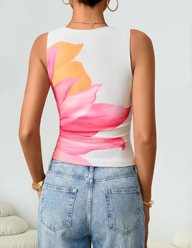 ZESICA Women's 2026 Summer Sleeveless Floral Tank Tops Mesh Y2K Crop Going Out Outfits Beach Vacation Trendy Clothes