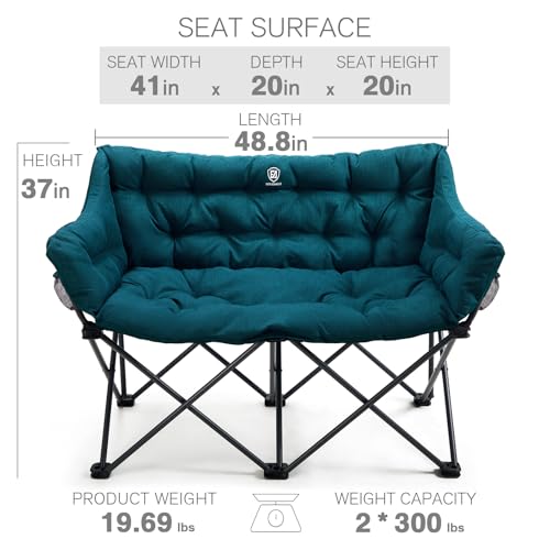 EVER ADVANCED Double Camping Chair for Adults, Padded Folding Camping Love Seat with Side Pocket Portable Camping Couch, T...
