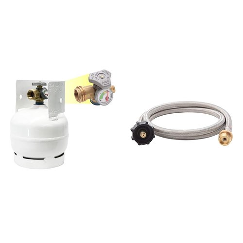 Flame King YSN03 3lb Steel Propane Tank Cylinder with Gauge and OPD Valves for Grills and BBQs & SS-QCC-1LB 5-FT Steel Braided Hose, 1 lb to 20 lb Adapter
