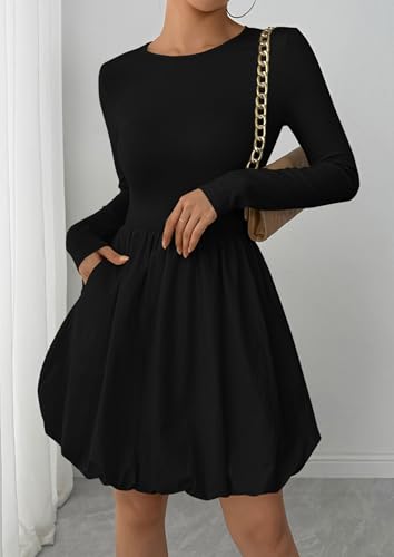 PRETTYGARDEN Fall Dresses for Women 2026 Casual Long Sleeve Bubble Cute Crew Neck A Line Mini Short Dress with Pockets