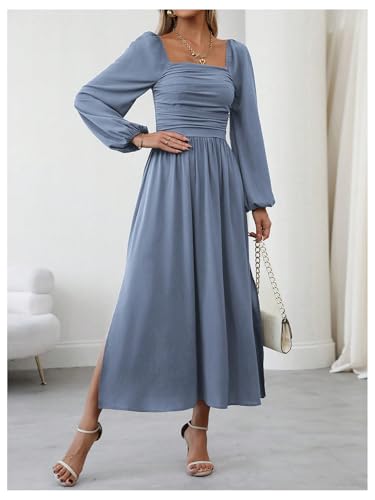 Floerns Women's Square Neck Lantern Long Sleeve Dress Split Ruched Party Midi Dresses