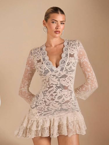 Milumia Women's Lace Ruffle Layer Sheer Mini Dress Deep V Neck Long Sleeve Short Dresses