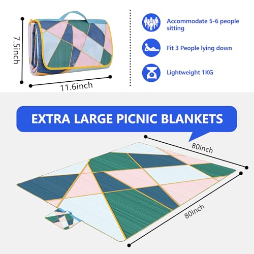 DanCoom Picnic Blanket, Foldable Waterproof Sand Mat,80" x 80" Extra Large Picnic Blanket,Outdoor Mat Beach Blanket for Ca...