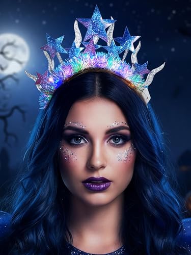 Formery Light Up Star Halo Crown Silver Celestial Goddess Headband Glitter LED Hair Accessories for Women