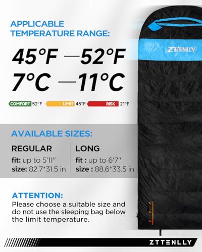 ZTTENLLY Down Sleeping Bag for Adults - Lightweight & Compact for Backpacking, Camping and Hiking - 45-52 Degree and 3 Sea...