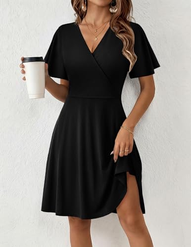 ZEAGOO Womens Summer Sundress Ruffle Short Sleeve Casual Dresses V Neck Floral Wrap A-Line Party Dress with Pockets
