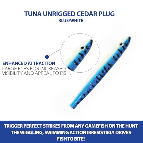 6" Cedar Plug Lures, 6 Pcs Blue/White Unrigged, for Offshore Trolling, Includes Saltwater Lure Bag, Ideal for Tuna Fishing