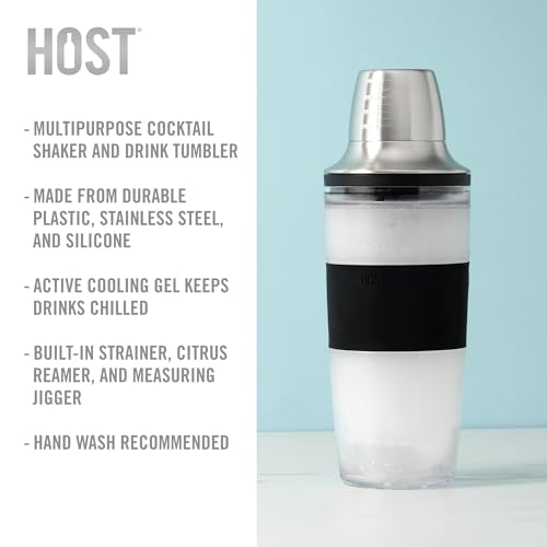 HOST Cocktail Shaker FREEZE Double-Walled Cup with Citrus Reamer, Strainer, Jigger Cap for Cold Brew Cocktails, Stainless ...