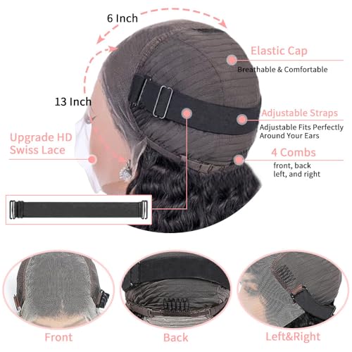13x6 Deep Wave Lace Front Wigs Human Hair 22 Inch 200 Density HD Lace Frontal Glueless Wigs Human Hair Pre Plucked Deep Curly Wig with Baby Hair Natural Black