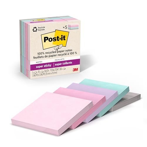 Post-it 100% Recycled Paper Super Sticky Notes, 3 in. x 3 in., 5 Pads, 70 Sheets per Pad, Wanderlust Pastels, New Year Org...