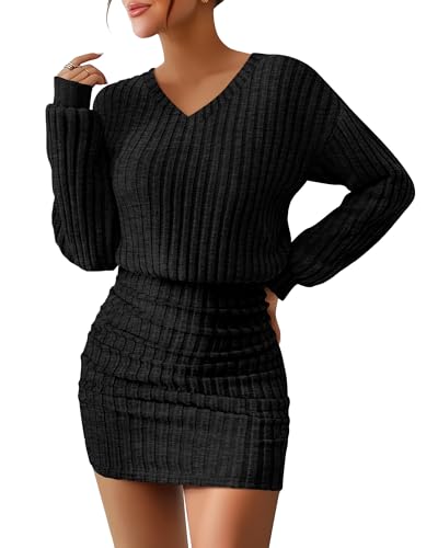 Oakgarden Women's Pullover Sweater Dress Long Lantern Sleeve Ribbed Knit V Neck Ruched Bodycon Mini Dress 2025 Fashion
