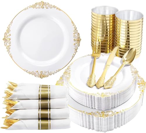 Nervure 350PCS Gold Plastic Plates - Gold Plastic Dinnerware Sets for 50 Guests - 100 Disposable Plates, 150 Silverware, 5...