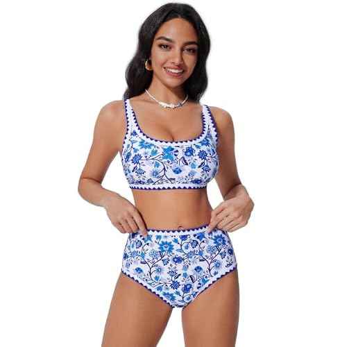 SUUKSESS Women High Waisted Bikini Set Floral Print Color Block 2 Piece Swimsuit