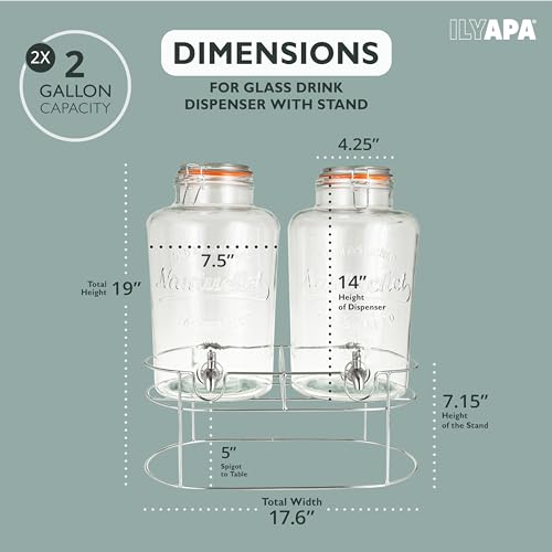 Ilyapa 2 pack 2 Gallon Glass Beverage Dispenser with Stand- Wide Mouth Mason Jar Drink Dispensers with Spigot - Leak Proof...