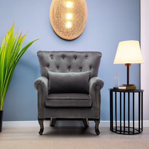 DM Furniture Mid Century Accent Chair Modern Button Tufted Armchair Wingback Club Chair Velvet Single Sofa Lounge Chair with Pillow for Living Room Bedroom, Grey