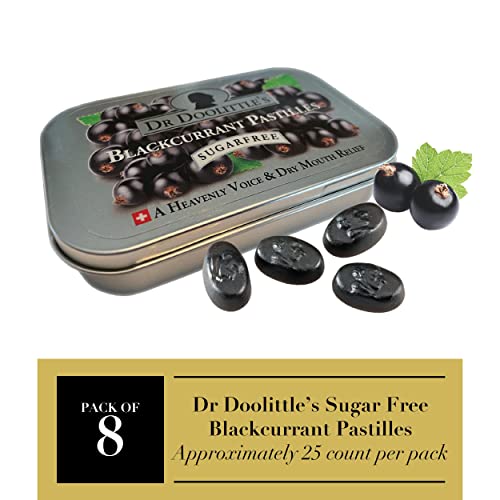 DOOLITTLE Dr Sugar Free Soft Fruit Pastilles for Voice and Throat, Blackcurrant Flavor, 2.12 Ounce Tin, Approximately 25 Count Package, 8 Pack