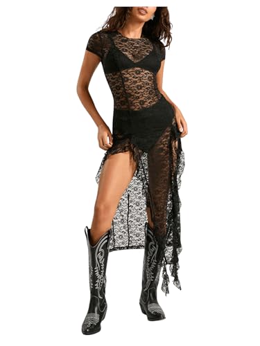 Floerns Women's Y2k Floral Sheer Lace Short Sleeve Slit Music Festival Long Dresses