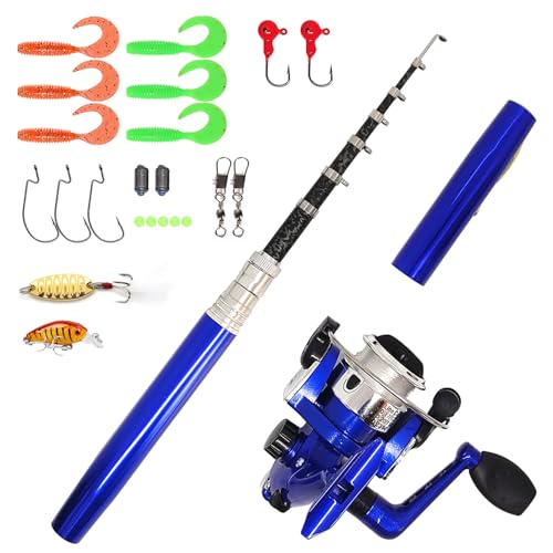 Portable Small Pen Fishing Rod Spinning Reel Combos, 38" 55" Compact Telescopic Fish Pole Kits for All Season Fishing in R...
