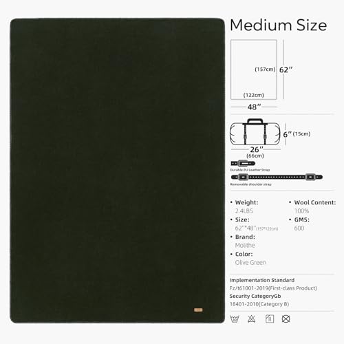 Molithe 100% Wool Blanket, 48" x 62", Warm, Thick, Washable, Military Wool Blanket, Great for Camping, Outdoors, Sporting ...