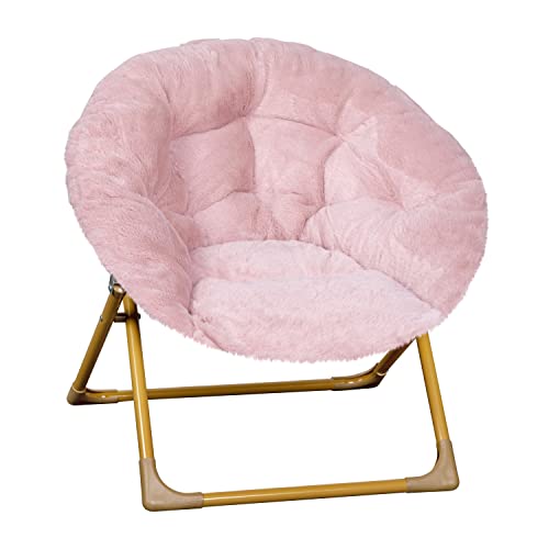 Flash Furniture Gwen Kids Cozy Mini Folding Saucer Chair - Blush Faux Fur Moon Chair - Soft Gold Metal Frame - 23" Portabl...
