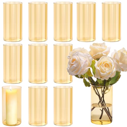 TBWIND 12pcs Glass Gold Amber Cylinder Vases for Centerpieces, 6 Inch Champagne Flower Vases for Wedding Decorations, Indo...