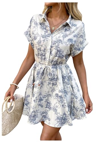 SOLY HUX Women's Floral Print Button Short Sleeve Summer Boho Flowy Short Dress Beach Vacation Clothes