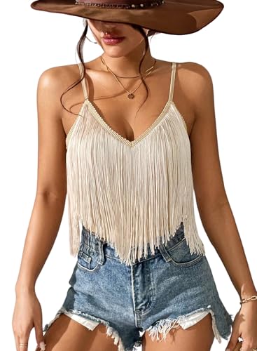 Womens Western Cowgirl Fringe Top - Country Concert Outfits Festival Tassel Hem Boho Rodeo Camisole Rave Tank Shirt