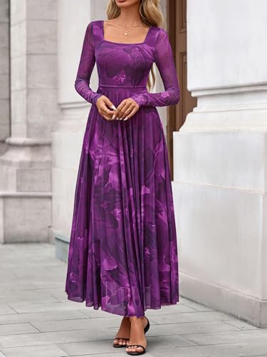 BTFBM Women Maxi Dress Spring 2026 Fashion Elegant Long Sleeve Square Neck Floral Print Party Club Wedding Guest Dresses