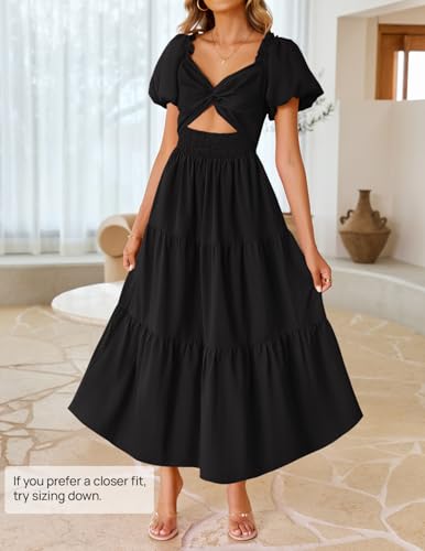 ZESICA Womens Summer Casual Flowy Vacation Maxi Dress 2026 Short Puff Sleeve A Line Smocked Cutout Beach Party Dresses