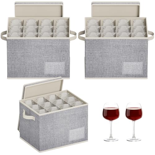 Lifewit 3 Pcs Wine Glass Storage Box with Dividers, Stackable Cationic Hard Shell Stemware Organizer Case 24 Cells, Foldab...