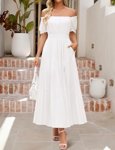 ZESICA Women's 2026 Boho Sexy Off Shoulder Short Sleeve Smocked Side Split Flowy A Line Tiered Long Maxi Dress with Pockets