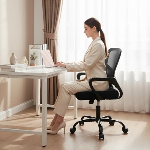 DUMOS Home Office Computer Chair - Ergonomic Mid Back Desk with Lumbar Support and Rocking Mode, Height Adjustable with Fi...
