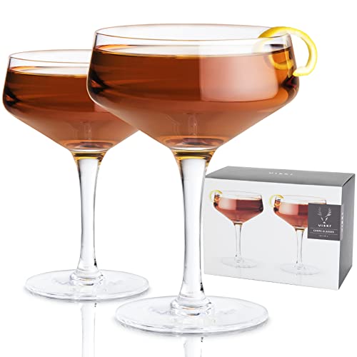 Viski Raye Angled Stemmed Crystal Coupe Cocktail Glasses, Champagne Coupe Glasses, Drinkware Set, Espresso Martini Glasse...