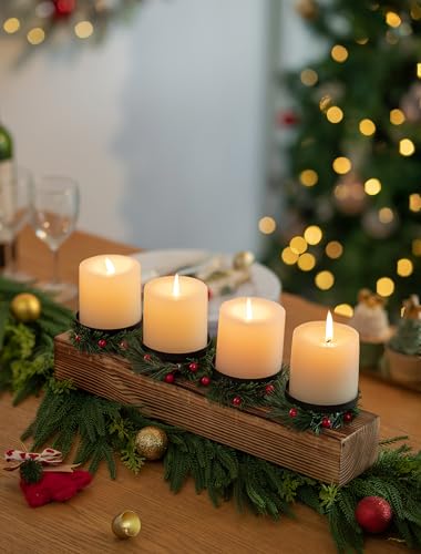 Romadedi Wood Candle Holders Christmas - Farmhouse Pillar Candle Holder with Mini Wreaths Xmas Dining Table Centerpiece De...