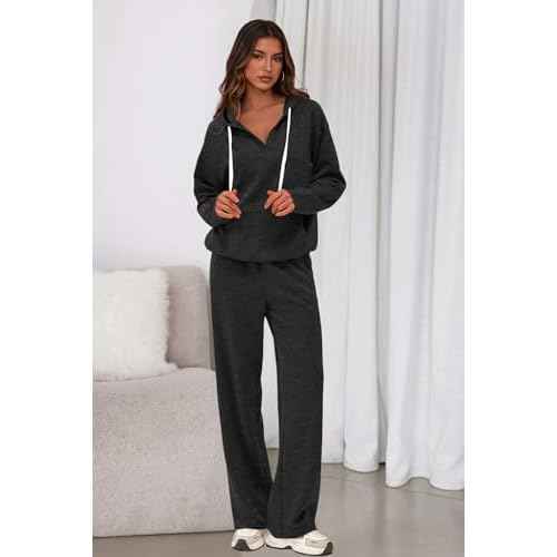 PRETTYGARDEN Womens 2 Piece Outfits Fall Sweatsuits Oversized V Neck Hoodie Wide Leg Sweatpants Travel Tracksuit Lounge Sets