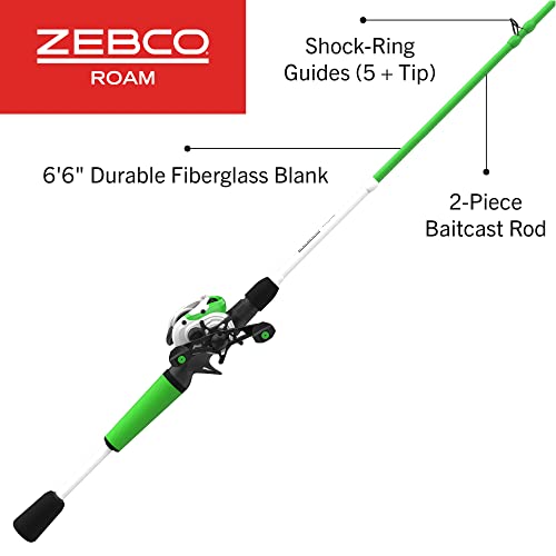 Zebco Roam Baitcast and Spincast Fishing Rod and Reel Combos with 6-Foot 6-Inch and 6-Foot 2-Piece Fiberglass Fishing Poles