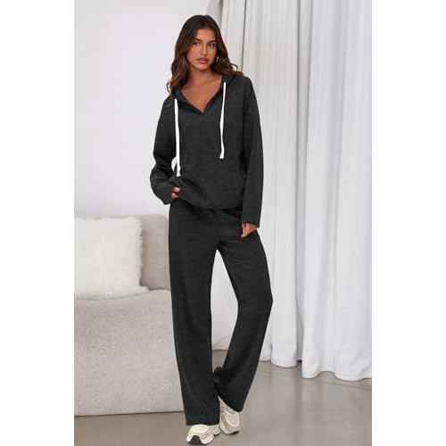 PRETTYGARDEN Womens 2 Piece Outfits Fall Sweatsuits Oversized V Neck Hoodie Wide Leg Sweatpants Travel Tracksuit Lounge Sets