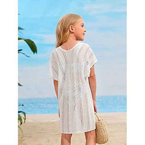 SOLY HUX Girl's V Neck Crochet Short Sleeve Beach Dress Summer Swimsuit Bikini Cover Up