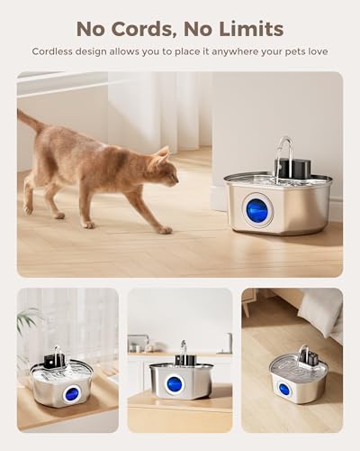 Cat Water Fountain Stainless Steel - Wireless 3.2 L/108 oz Battery Operated Automatic Pet Drinking Fountain for Cats - Cor...