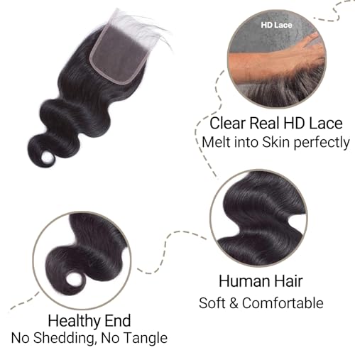 14 Inch 5x5 HD Lace Closure Body Wave Human Hair, Ultra Thin Swiss Lace, Pre Plucked Baby Hair, Natural Hairline Closure Only