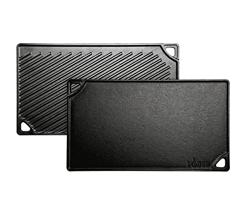 Lodge Reversible Cast Iron Grill/Griddle – 9.5 x 16.75 Inch Pre-Seasoned Cooking Surface – Flat & Ribbed Sides – Use on St...